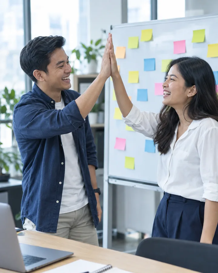 Two smiling colleagues high-fiving beside a wall of notes