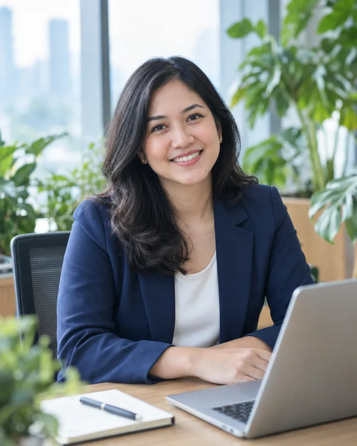 A smiling colleague at her desk with a laptop
